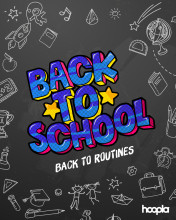 Blue striped bubble text with 'Back to School' centered on a gray background with chalk white doodles all around to promote Hoopla content
