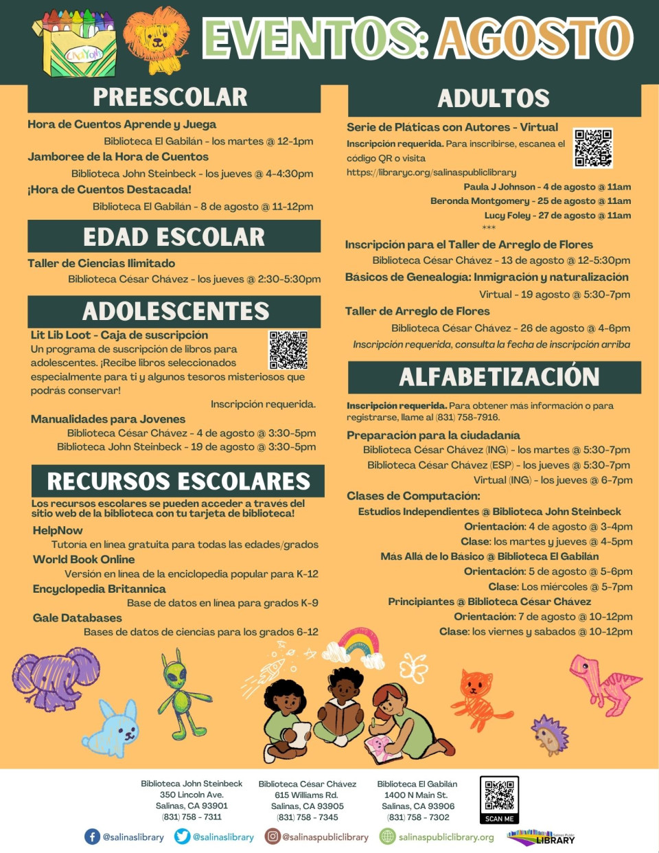 Image of August Events at Salinas Public Library in Spanish.