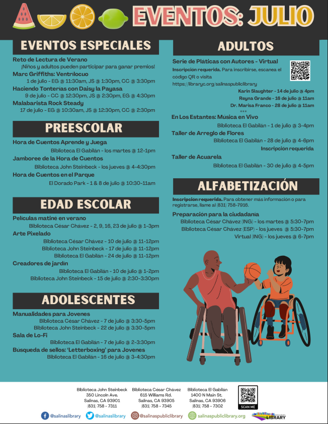 Eventos en la biblioteca de julio 2026, incluso horas de cuentos, manualidades, clases y más