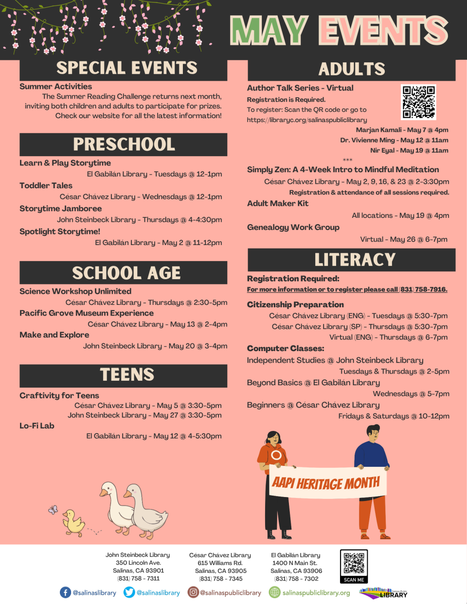 April 2026 library events, including storytimes, crafts, classes, and more