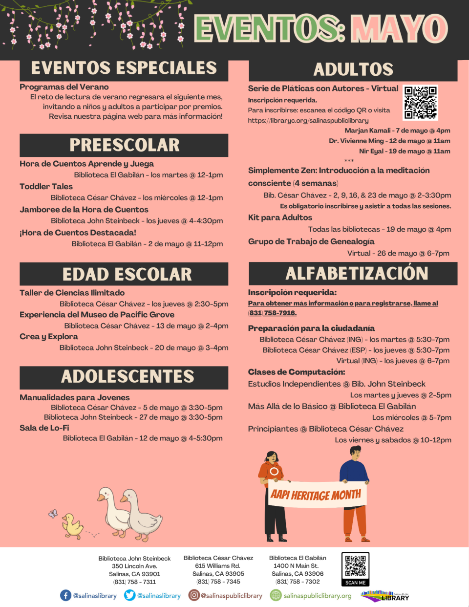 Eventos en la biblioteca de abril 2026, incluso horas de cuentos, manualidades, clases y más