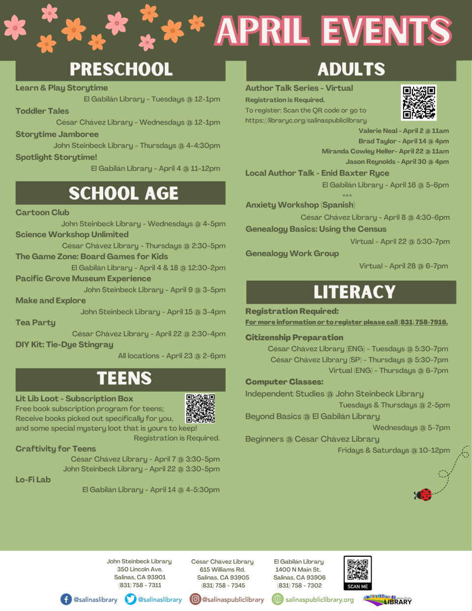 April 2026 library events, including storytimes, crafts, classes, and more