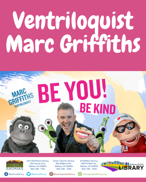 Ad for Ventriloquist Marc Griffiths with picture of him, four puppets, and the 3 library branches in Salinas.