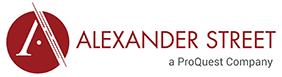 Red logo of a white A in a red circle for Alexander Street by Proquest