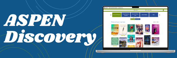 Aspen discovery in white text with a laptop head-on displaying the aspen discovery homepage layout with multicolored book covers