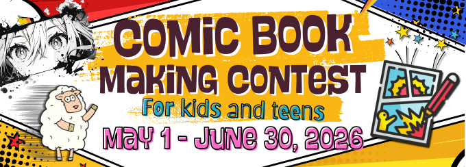 Banner that says Comic Book Making Contest for kids and teens, May 1 - June 30, 2026.