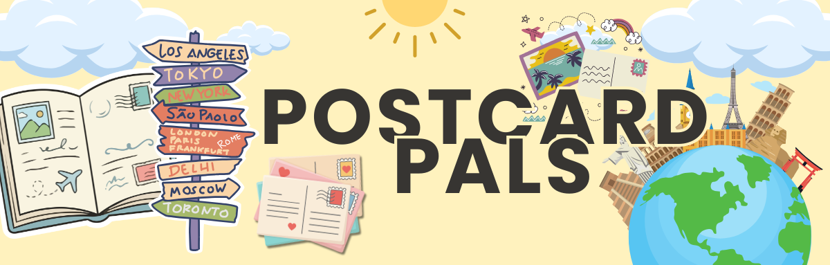 Text reads Postcard Pals. Decorative illustrations include graphics of postcards, a sign post labeled with different cities around the world, and a globe with famous landmarks.