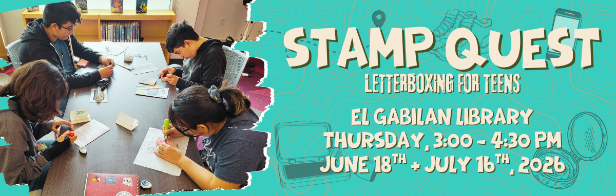 Image text reads Stamp Quest Letterboxing for Teens. El Gabilan Library Thursday June 18th and July 16th, 2026 from 3:00 to 4:30 PM. Photograph of four people at a table carving images into rubber stamps.