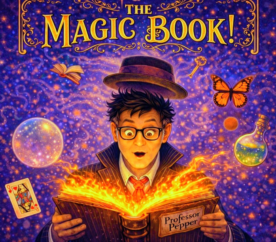 A promotional illustration for a performance called The Magic Book. A man in glasses with a trenchcoat reads a book titled Professor Pepper in awe. So much magic spills out of the book his hat is blown off his head.