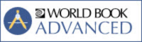 Stylized black globe next to the main World Book branding plus large, skinny blue text "advanced" and to the left a blue circle with a yellow caliper inside