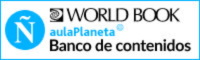Stylized black globe next to the main World Book branding plus small light blue text "aulaPlaneta" and to the left a light blue circle with a large letter ''Ñ" inside