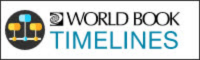 Stylized black globe next to the main World Book branding plus large aqua blue text "timelines" and to the left a black circle with a timeline and three caption boxes inside