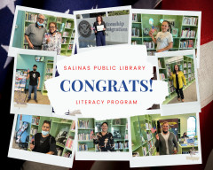 Salinas Public Library Literacy Program: Congrats! — collage of nine citizenship students celebrating passing their naturalization tests.