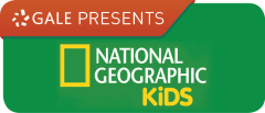 Gale National Geographic Kids logo with an orange banner for the parent company and a green background with mostly white text except for the hollow yellow box on the left and the yellow text 'kids' at the bottom
