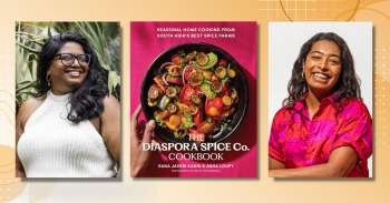 Authors Sana Javeri Kadri & Asha Loupy alongside their book cover The Diaspora Spice Co. Cookbook
