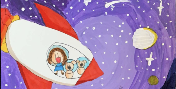 Entry from the 2022 Comic Book Making Contest. Drawing is of a young girl with 2 dogs in a rocket.