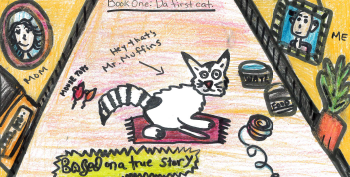 An entry from the 2024 Comic Book Making Contest. Drawing of a cat on a carpet with photos with the title "Da First Cat. Based on a True Story."