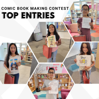Photos of the participants who won their categories in the Comic Book Contest. Text: Comic Book Making Contest Top Entries.